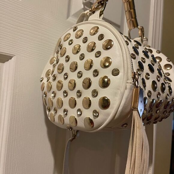 Off white small barrel Satchel/crossbody bag rose gold studs & jewels accents - Picture 7 of 16